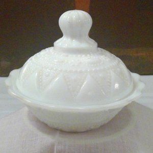 Vintage Milk Glass Covered Dish, Kemple Lace & Dewdrop Pattern